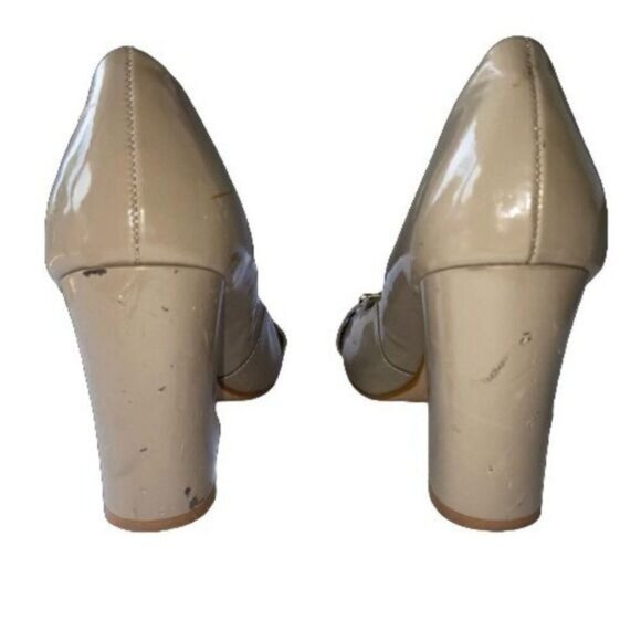 Dexter Classic Patent Taupe Pumps Chunky Block‎ Heels Accent Buckle Dress shoes - Picture 4 of 11